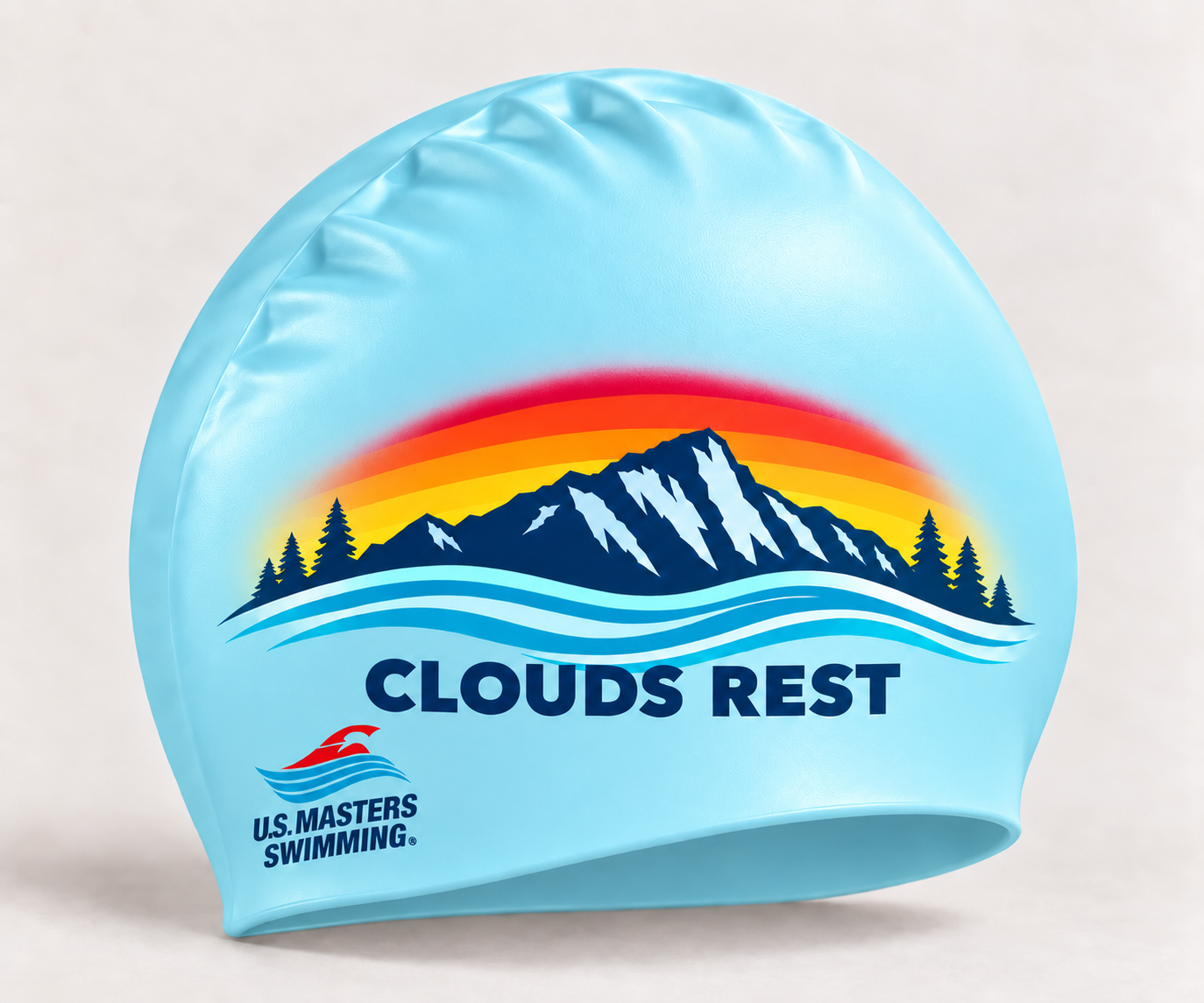 Light blue Clouds Rest swim cap with the same mountain and flowing water design
