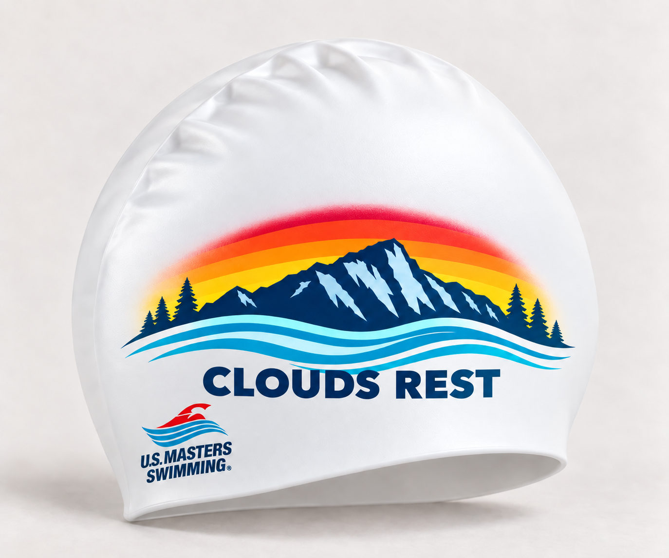 White Clouds Rest swim cap with mountain, flowing water, and U.S. Masters logo