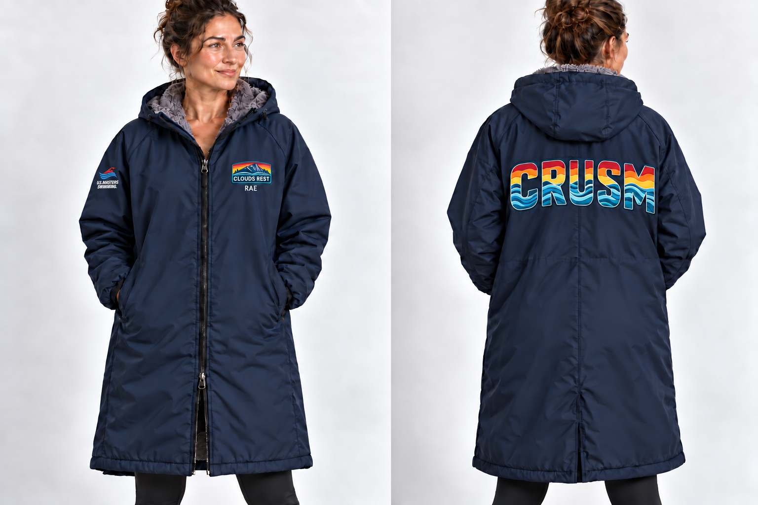 Front and back of navy parka with small mountain logo and name on chest, small U.S. Masters Swimming mark on sleeve, and colorful wave-filled CRUSM on back
