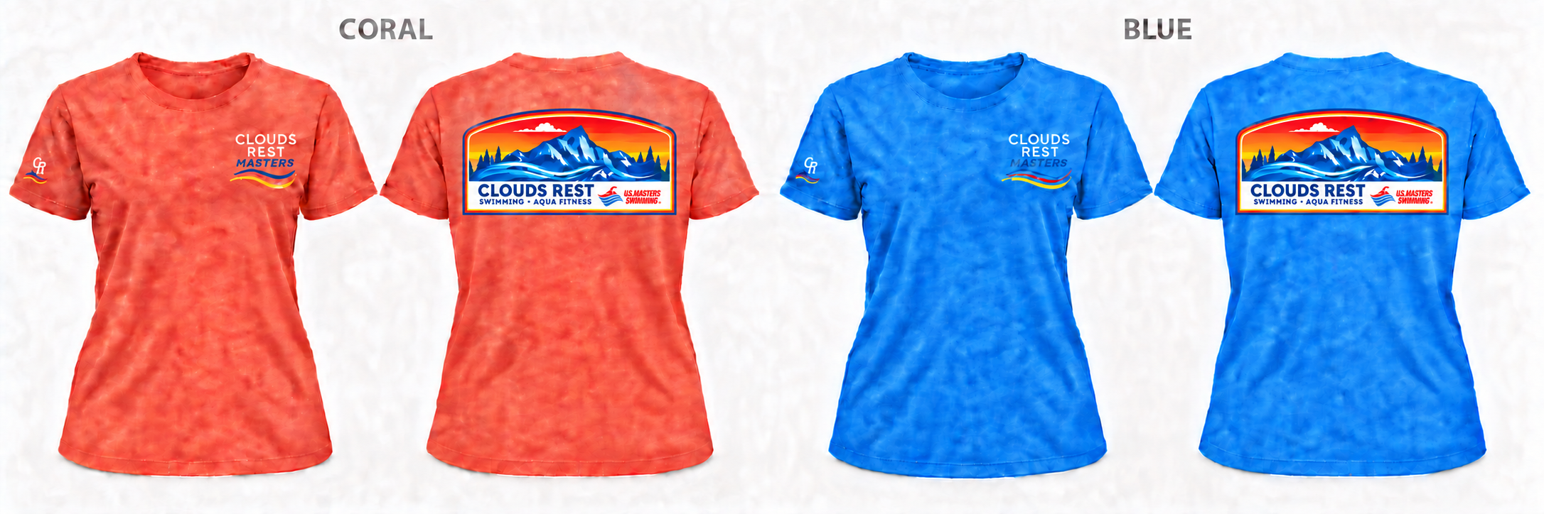 Clouds Rest shirt mockups in coral and blue, each shown front and back